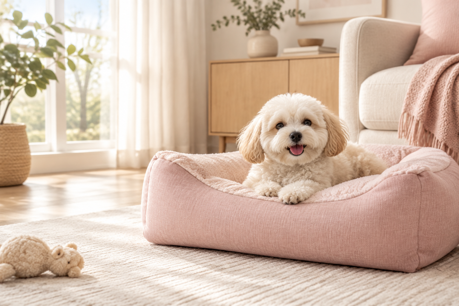 A fluffy dog relaxing on a soft pink bed in a bright home