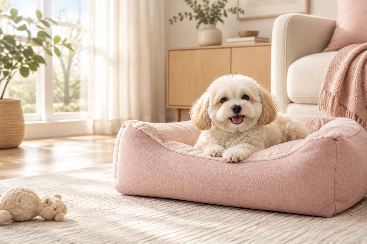 A fluffy dog relaxing on a soft pink bed in a bright home