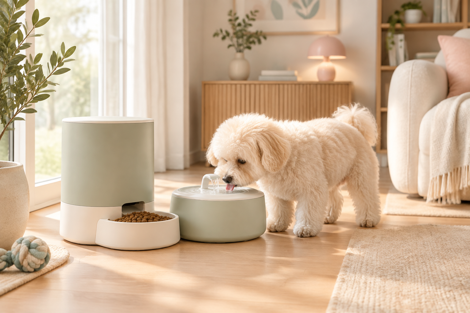 A small dog using an automatic water fountain and feeder at home